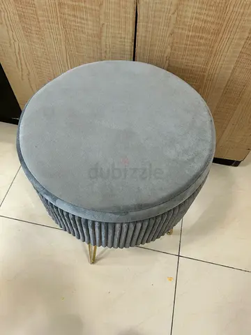 Round Grey Velvet Ottoman Stool with Gold Legs
