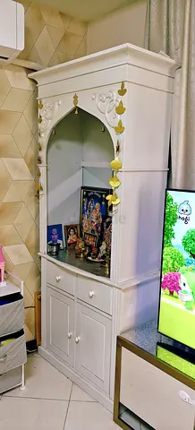 White Wooden Pooja Mandir / Home Temple Cabinet - Compact Prayer Altar