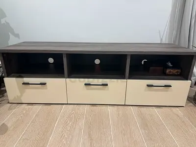 Low TV Stand / Entertainment Unit with 3 Drawers - Dark Wood & Cream