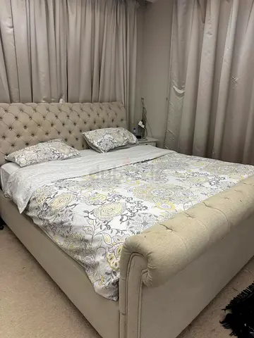 Beige Tufted King-Size Upholstered Bed with Headboard & Footboard