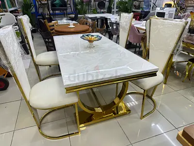 White Marble Top Dining Table with Gold Metal Base - 6 Seater