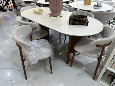 Solid Wood Dining Table with 6 Upholstered Chairs - Modern Minimalist Set
