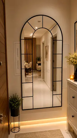 Large Arched Grid Wall Mirror with Black Metal Frame