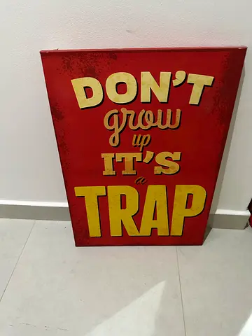Vintage-style "Don't Grow Up It's a Trap" Wall Sign - Red & Yellow