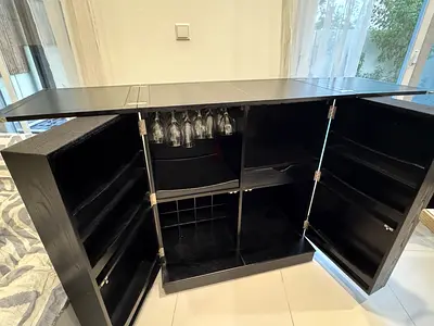 Moving out ! Excellent deal - Crate & Barrel Bar: Black wooden bar table with storage drawer