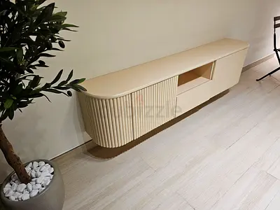 Modern wall-mounted cream TV console cabinet - floating media unit, size 180x40x30.
