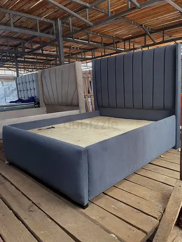 Grey Upholstered Bed Frame with Vertical Fluted Headboard
