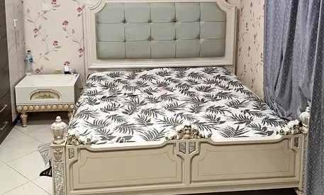 Classic cream king bed frame with upholstered headboard with 2 night stand
