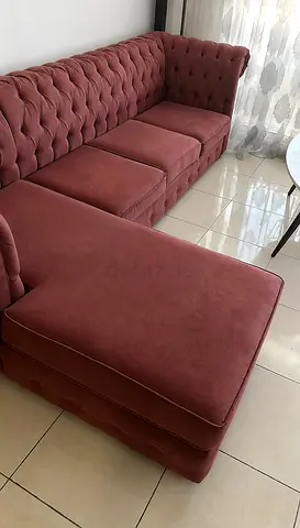 Tufted Pink L-Shape Sofa with Chaise Lounge