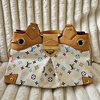 Authentic Louis Vuitton Ursula Multicolor White Canvas Shoulder Bag