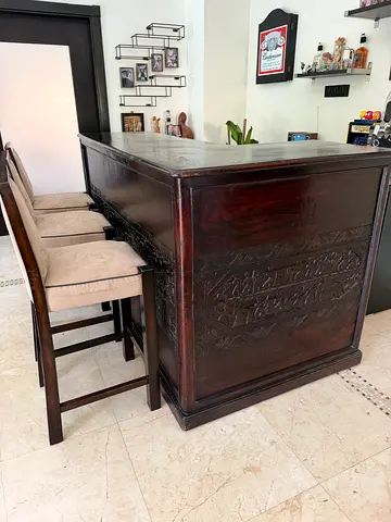 Large Solid Wood Home Bar + 3 Stools – Lots of Character