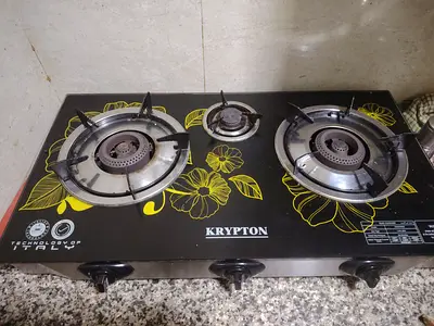 Krypton 3-Burner Gas Stove Top - Glass Hob and Cylinder with regulator and Gas Hose.
