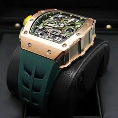 Mastercopy of Richard Mille style rose gold tonneau skeleton automatic watch with green rubber strap