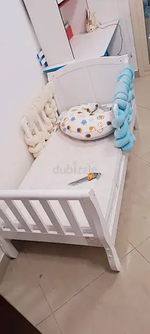White toddler/children wooden bed with mattress — good condition