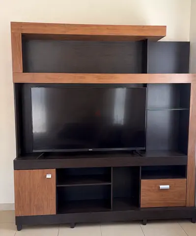 Wooden TV Entertainment Unit with Shelves and Drawers