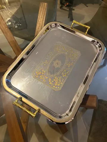 Elegant Silver & Gold Decorative Serving Tray with Handles