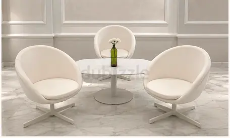 Set of 3 Modern White Swivel Lounge Chairs with Small Round Table