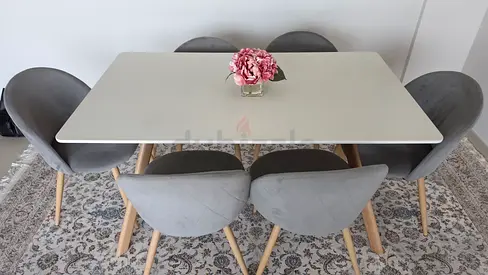 Dining Table + 6 Grey Velvet Chairs - Scandinavian Style
