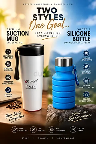 Set of 2 Reusable Travel Drink Bottles — Suction Mug + Foldable Silicone Bottle (Like New)