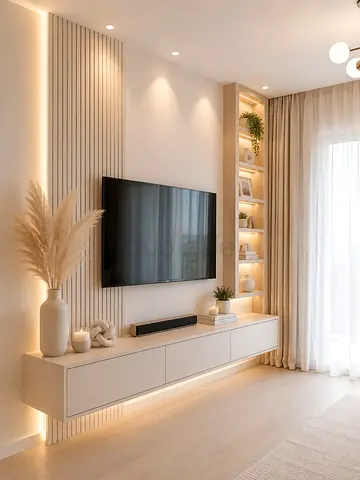 Modern wall-mounted TV unit with built-in shelving and LED lighting
