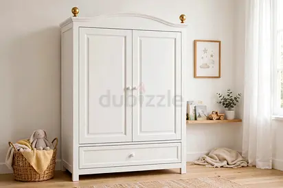 White Wooden Baby Wardrobe / Nursery Armoire with Drawer - Excellent Condition