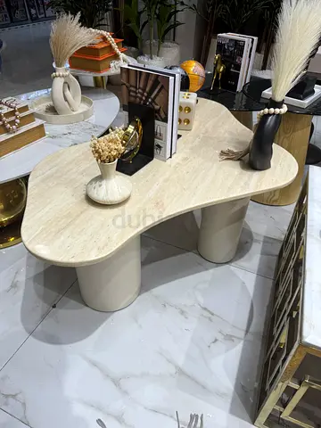 Modern Cream Travertine Coffee Table with Organic Shape