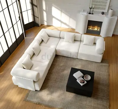 Large L-shaped Modular White Fabric Sofa - Comfortable 6-seater
