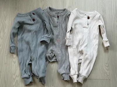 Set of 3 Neutral Ribbed Baby Onesies / Sleepsuits (0-3 months)