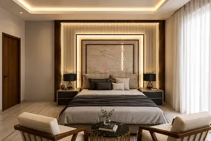 Modern king-size bed with headboard and bedside tables - light oak finish
