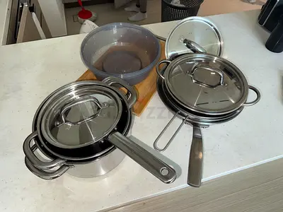 IKEA Set of stainless steel pots and pans with lids, utensils, cutlery, plates, bowls & blender