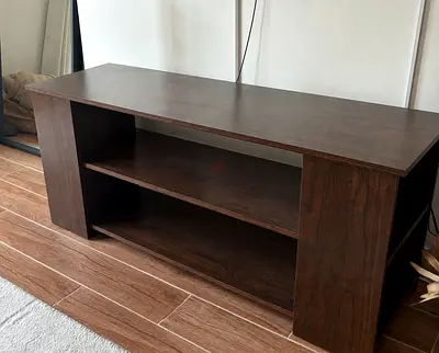 Solid wood TV stand / entertainment unit with open shelves - dark brown