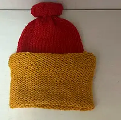 Handmade knit beanies — red and blue