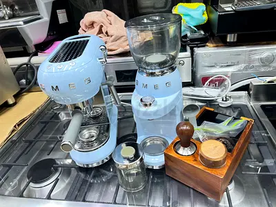 Smeg Espresso Machine Pastel Blue + Smeg  Style Coffee Grinder with all accessories