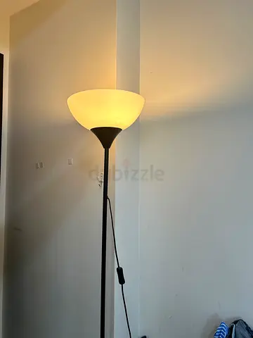 Tall floor lamp with warm white glass shade - good condition
