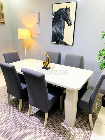 6-Seater Dining Table with Upholstered Chairs - Light Wood Finish
