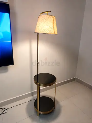 Brass Floor Lamp with Built-in Two-Tier Side Tables and Fabric Shade with wireless charger