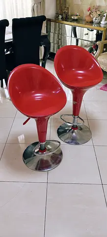 Set of 2 Red Adjustable Swivel Bar Stools with Chrome Base