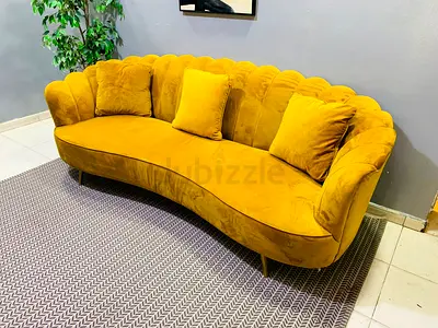 Mustard Yellow Velvet Curved Sofa — 3-Seater, Good Condition