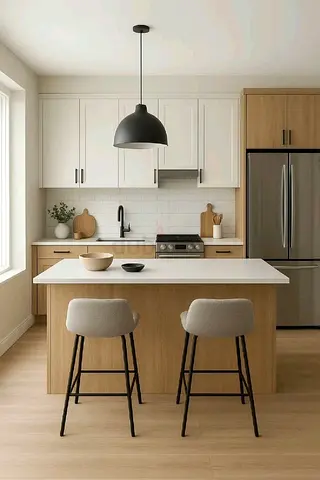Modern wooden kitchen island with 2 bar stools and overhead pendant light