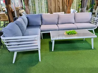 L-shaped Outdoor Aluminum Sofa Set with Cushions and Coffee Table