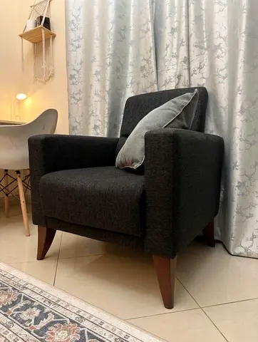 Dark Grey Fabric Armchair with Wooden Legs - Good Condition