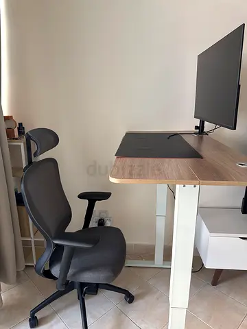 Dedicated workspace setup - monitor, standing desk, ergonomic chair