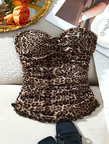 Leopard Print Strapless Ruched Tube Top