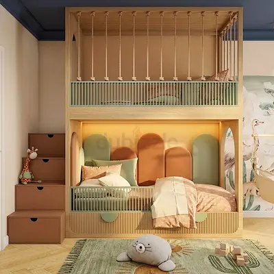 Wooden Bunk Crib Bed with Safety Rails and Storage Steps - Modern Nursery Set