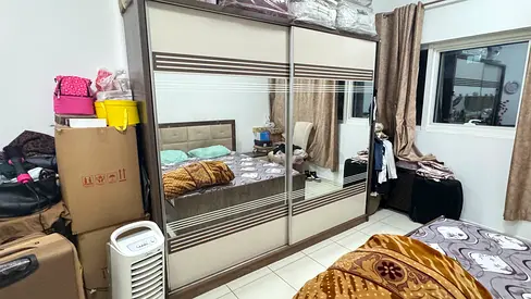 Large Sliding Door Wardrobe with Mirror - Beige/Brown, Good Condition
