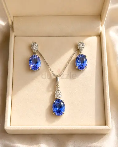Blue Sapphire and Diamond Pendant with Matching Earrings Set