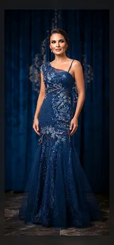 Navy Blue Sequin One-Shoulder Evening Gown - Size Approx Medium