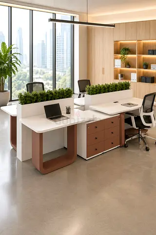 White 4-Person Face-to-Face Office Workstation with Center Planter Box