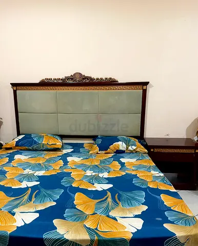 Wooden King Size Bed with Upholstered Headboard and Side Tables