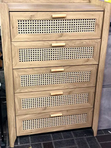 Solid Wood 5-Drawer Chest with Rattan Inlay - Natural Finish
